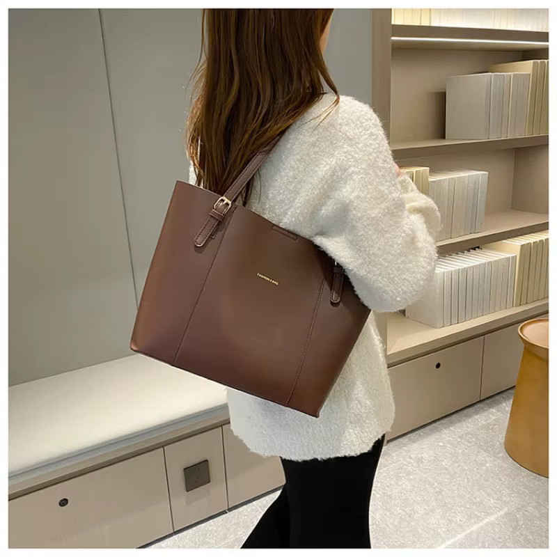 Korea Fashion Contrasting Color Large Capacity Tote Bag Ladies Trend Leather Shopping Bag