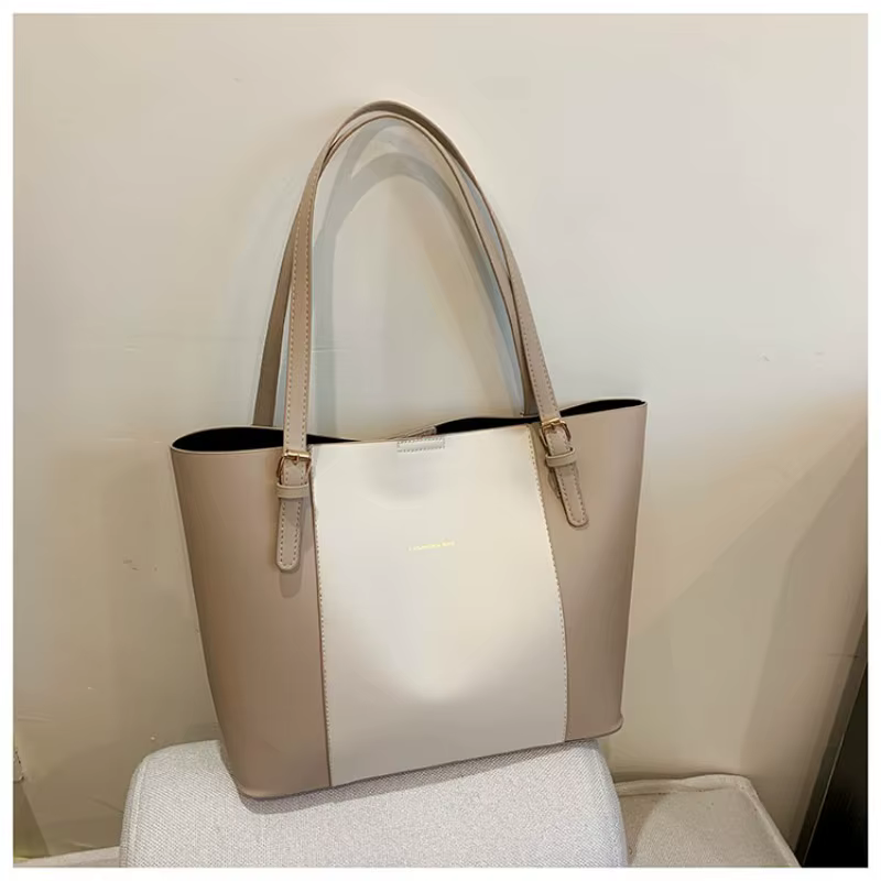 Korea Fashion Contrasting Color Large Capacity Tote Bag Ladies Trend Leather Shopping Bag